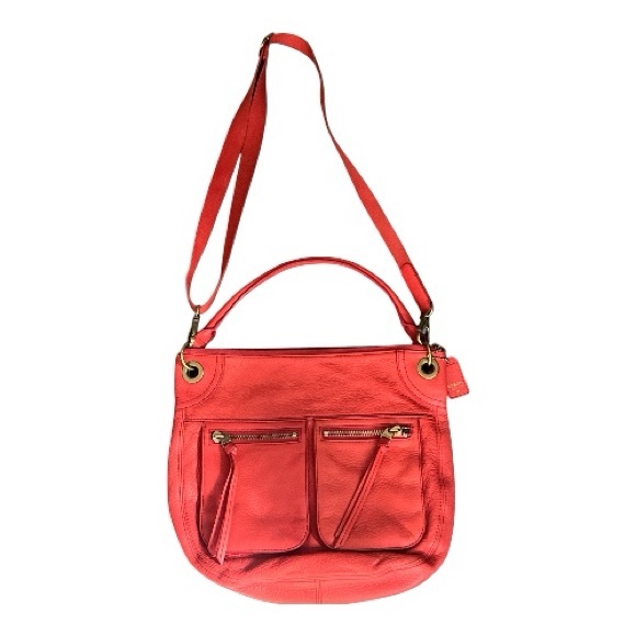 Fossil Orange Red Leather Zipper Front Pocket Crossbody Shoulder Bag Purse - Picture 2 of 7